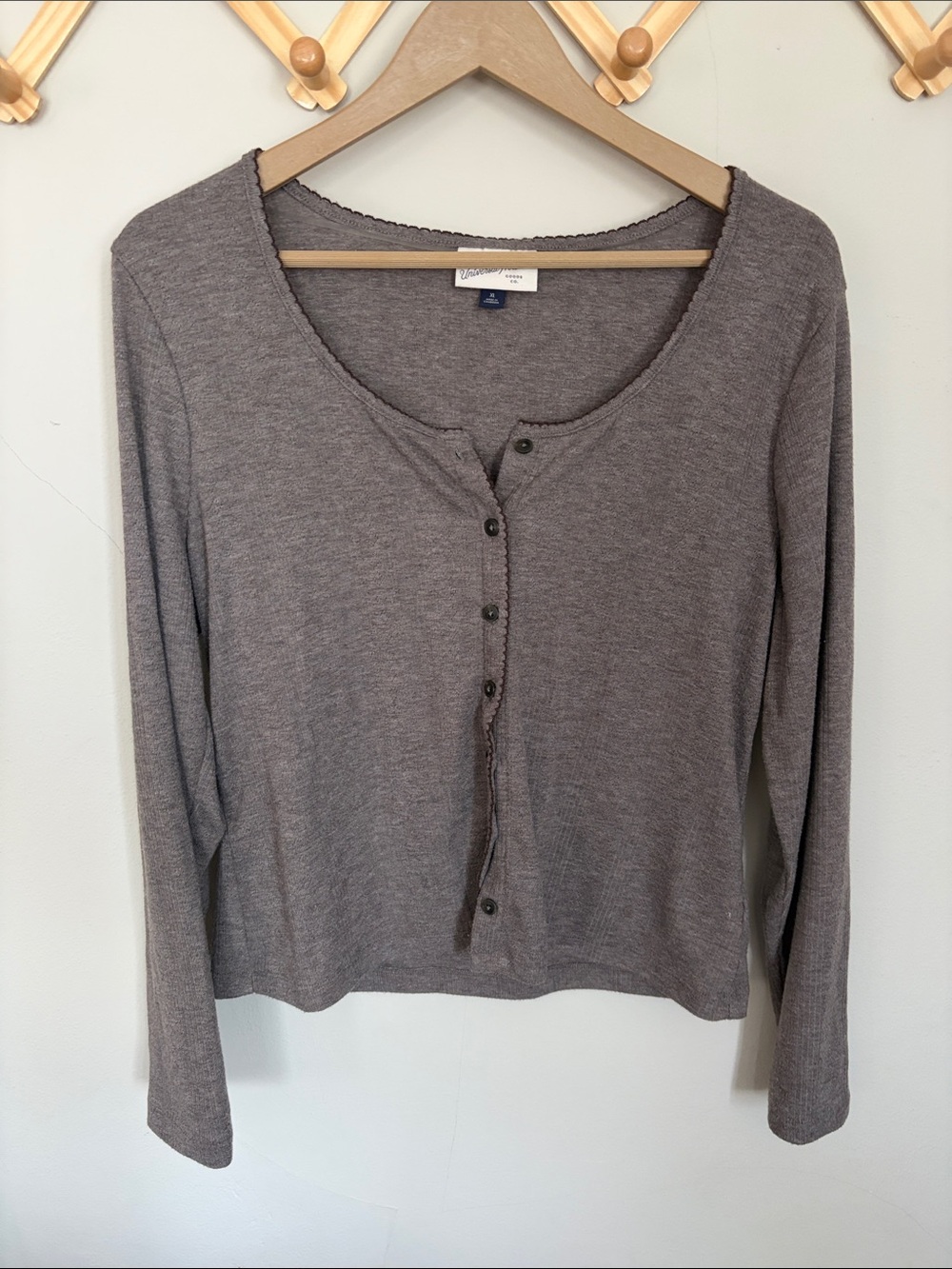 Pointelle taupe brown scallop trim cardigan top